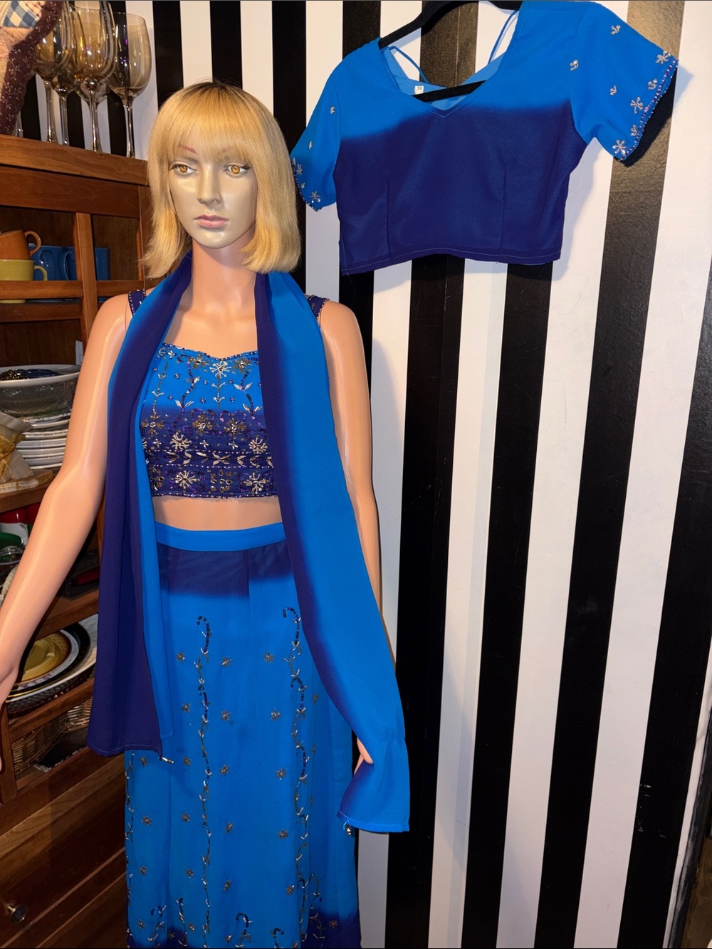 4 Pc Blue Lehenga Choli Set Beaded Embroidered Indian Wedding Formal Sz 34/XS/SM